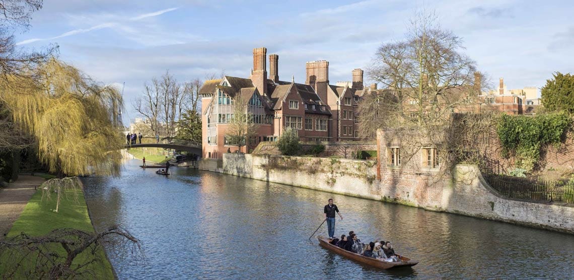 About Flying Twigs illustrated with a view from one of the bridges over the river Cam looking onto the Backs of the Colleges of Cambridge University where we walk for inspiration