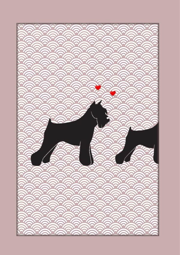 a dog with tiny hearts swirling around its head and looking amorously at another dog