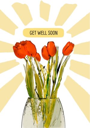 a vase of flowers with rays radiating out like the sun and text, 'Get Well Soon'