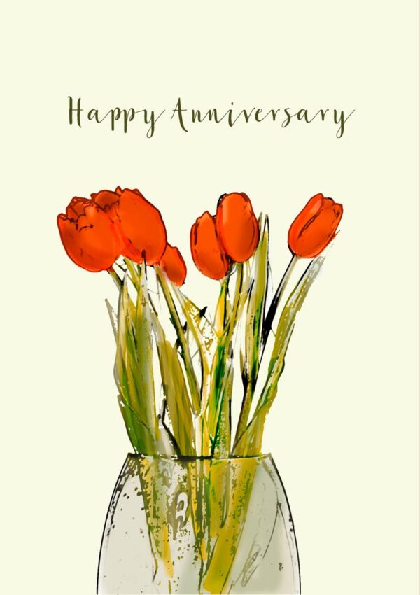 red tulips in a vase and the words 'Happy Anniversary'.