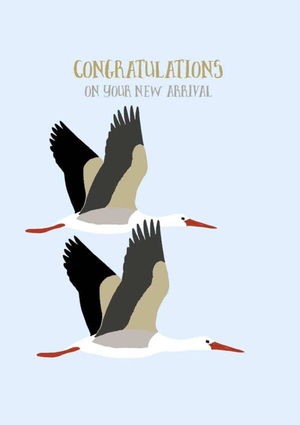 two storks in flight with text, 'Congratulations On Your New Arrival'