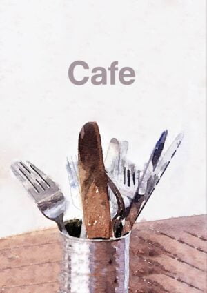 Cafe Greeting Card featuring cutlery in a tin can on a wooden table in a cafe setting with text 'Cafe'
