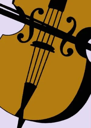 A close up of a cello and bow set against a mauve background.