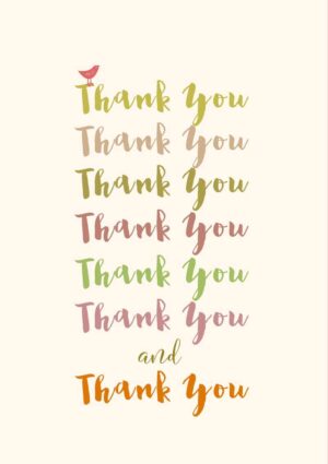 The words 'thank you' repeated in different fonts