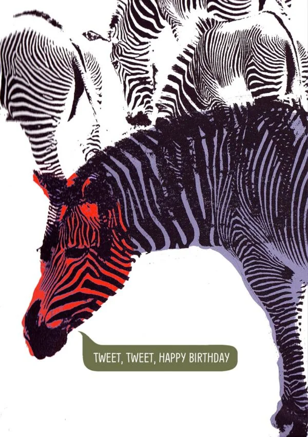 A colourful purple zebra with a red head and text 'Tweet, Tweet, Happy Birthday'