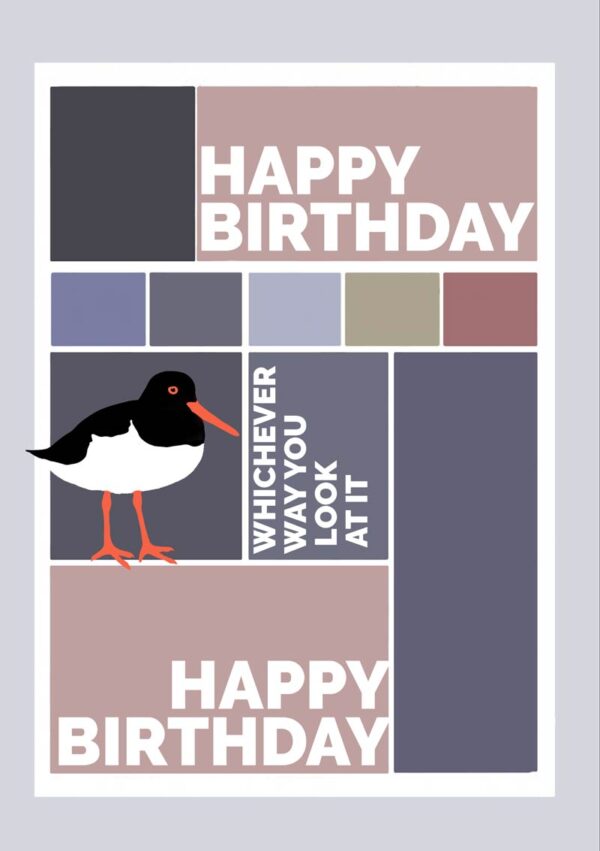 An oystercatcher standing on the sand with a blue sky behind it and text 'Happy Birthday' and speech bubble with the oystercatcher saying 'Happy Birthday - Let's Party'
