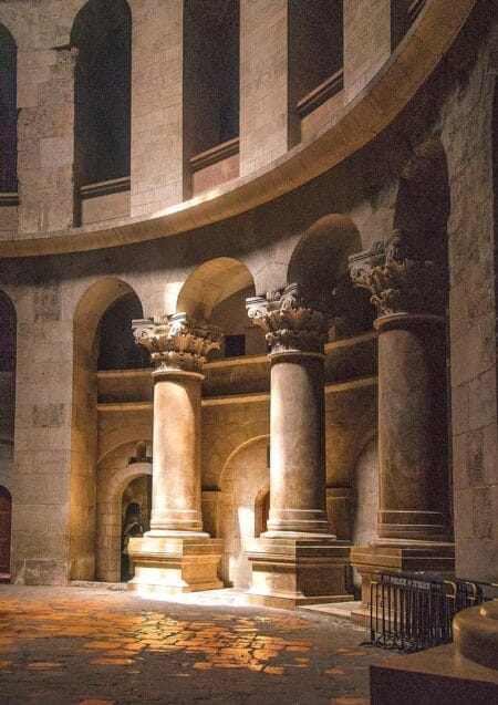 An interior view of the walls and arches of the Church Of The Holy Sepulchre in Jerusalem