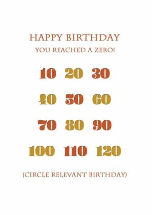 Numerals from ten through to one-hundred-and-twenty years of age with text 'Happy Birthday - You've Reached A Zero' together with instructions to the sender (or the recipient) to circle the appropriate year