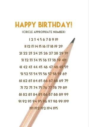 An image of a pencil overlaid with a set of numerals from one to one hundred and five, and text 'Happy Birthday' and 'Circle Appropriate Number'.