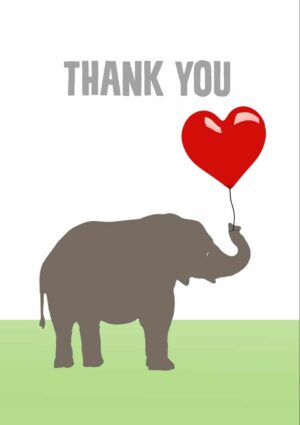 A drawing of an elephant in profile holding a big red balloon, and text 'Thank You'