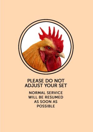 A TV set with a test card with a cockerel and text 'Do Not Adjust Your Set' and 'Normal Service Will Be Resumed As Soon As Possible'