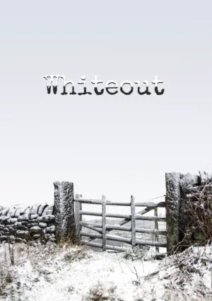 A snow-covered stone wall and a gate leading out into a field and perhaps to beyond, but obscured by a mist so thick that it is a whiteout, with text - Whiteout - in font covered in snow.