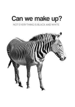 A card for a friend when relationships have been strained with a plea to 'Make Up' illustrated by a zebra in black and white and text 'Can We Make Up?' and 'Not Everything Is Black And White'