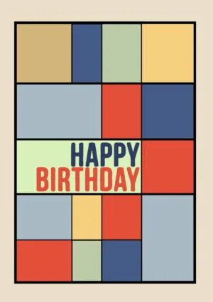 An abstract geometric design in red, yellow, and blue, with black grid lines and text 'Happy Birthday'