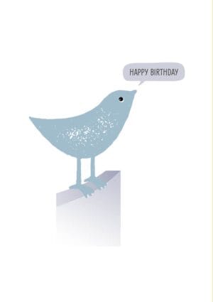 A small blue bird using a fence as a perch, with a speech bubble and text 'Happy Birthday'