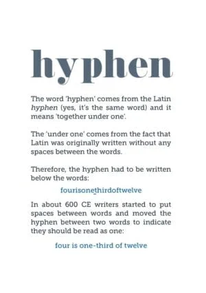 A hyphen and an explanation of its origin together with examples of its use from when Latin was written without any spaces between the words