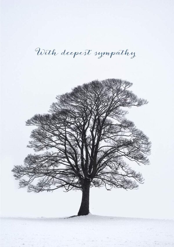 A sympathy card with a lone, leafless tree in winter against a snowy landscape, with text 'With Deepest Sympathy'