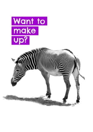 Making up - A zebra looking hopefully behind with romantic longing and hoping for rekindled love - with text 'Want To Make Up?'