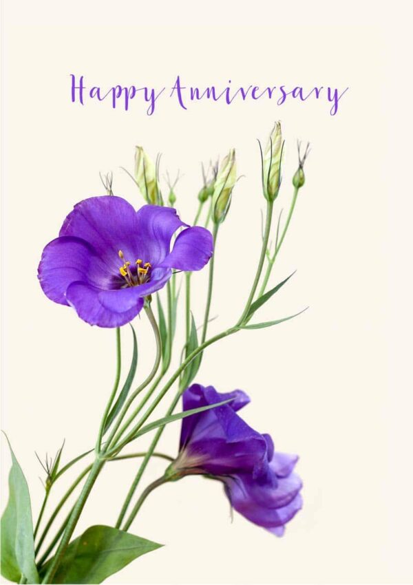 An anniversary card with a bunch of purple Lisianthus flowers set against a pale cream background and text 'Happy Anniversary'