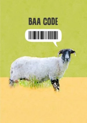 A sheep sideways on against a sand and green plain background and a bar code label above it and text 'Baa Code'