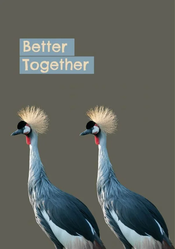 Two Crowned cranes in profile facing the same way and set against against a pale brown plain background - and text 'Better Together'
