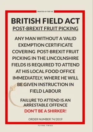 Fields is an anti-Brexit Greeting Card featuring a mockup of a World War II Ministry Of Information poster concerning field labour.