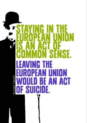 'Sense' Anti-Brexit Greeting Card featuring a poster in the style of an ad for a play or film with Charlie Chaplin and a statement of sanity.