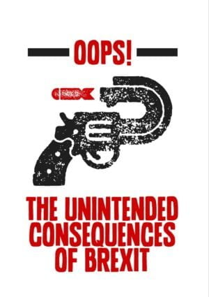 'Bombs' Anti-Brexit Greeting Card A greeting card to support the No Brexit, anti-Brexit movement, in the style of a poster showing a revolver with a barrel bent back upon itself, shooting bombs back to the person shooting the revolver. 'Oops!' and 'The Unintended Consequences Of Brexit'
