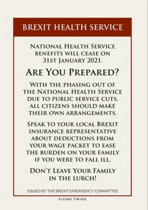 Health is a satirical anti-Brexit greeting card, in the style of a wartime information leaflet about the end of nationalised health and the need to make provision oneself for one's family.