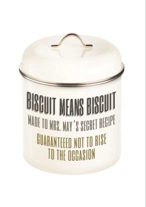 Biscuit tin with meaningless 'Biscuit Means Biscuit' and made to Mrs May's secret recipe, guaranteed not to rise to the occasion.