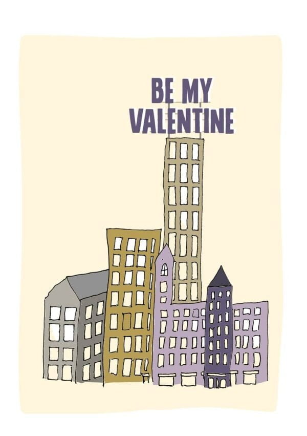 Sky One Valentine's Day Card with skyscrapers and giant letters proclaiming Happy Valentine's Day