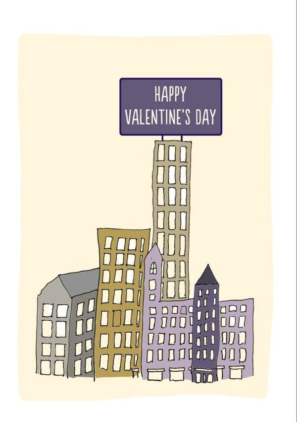Sky Two Valentine's Day Card with skyscrapers and giant billboard proclaiming Happy Valentine's Day