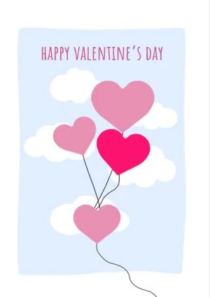 Clouds Valentine's Day Card with pink and red balloons and clouds and text Happy Valentine's Day