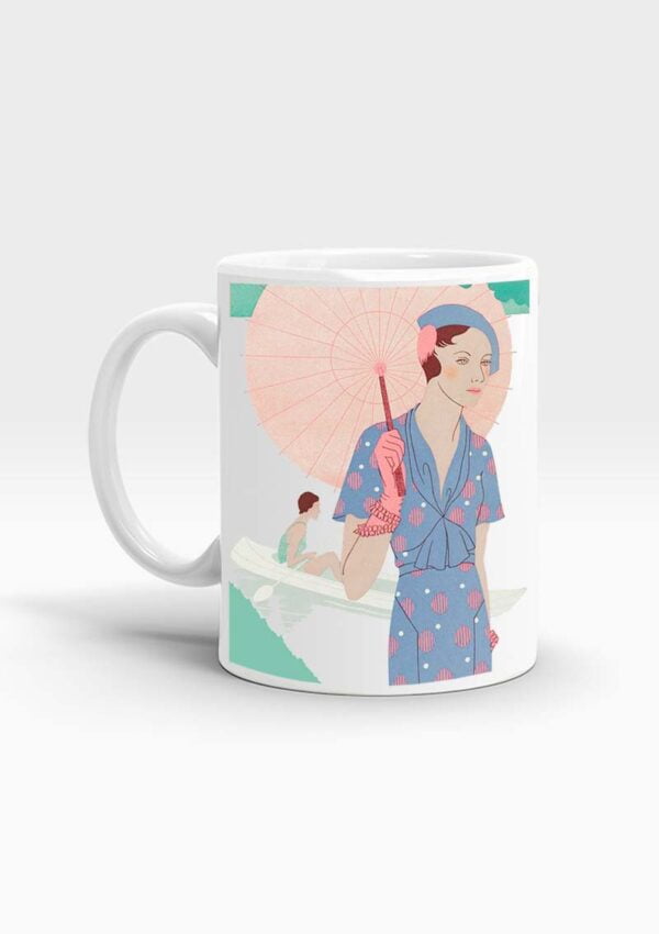 White mug with illustration of a woman in a 1920s blue dress with parasol