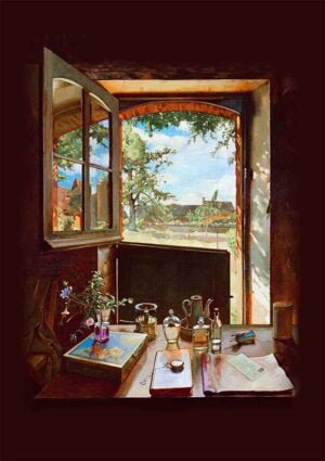 Viewpoint - a card for every day featuring art by by Konstantin Somov showing a room with small bottles, flowers, books on a table, with a view through an open window over a field with trees and a house in the distance