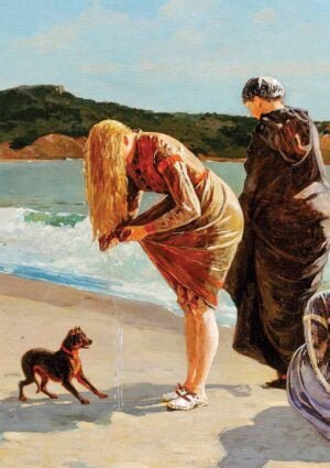Two women on the beach, one wringing out her hair after she has been in the sea, with a dog startled by the dripping water falling to the sand, and another woman cloaked in a changing robe and wearing a cap for her hair - artwork by Winslow Homer