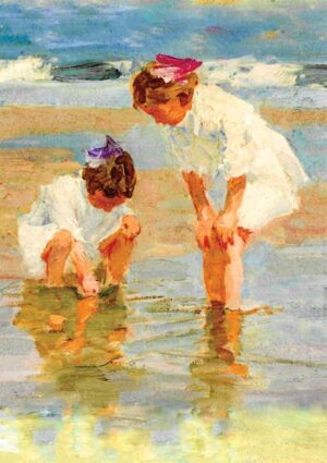 Pool - Two young girls in 1800s period dress looking at their reflections in the water in a tidal pool on a long beach in the sun - Artwork by Winslow Homer