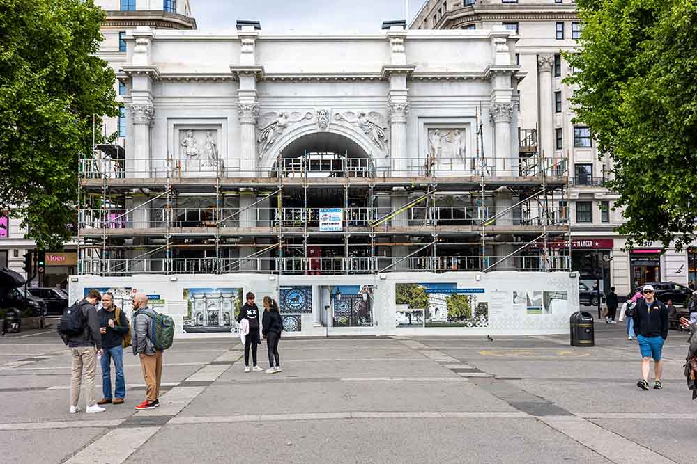 Marble Arch surrounded by scaffolding during restoration in 2025