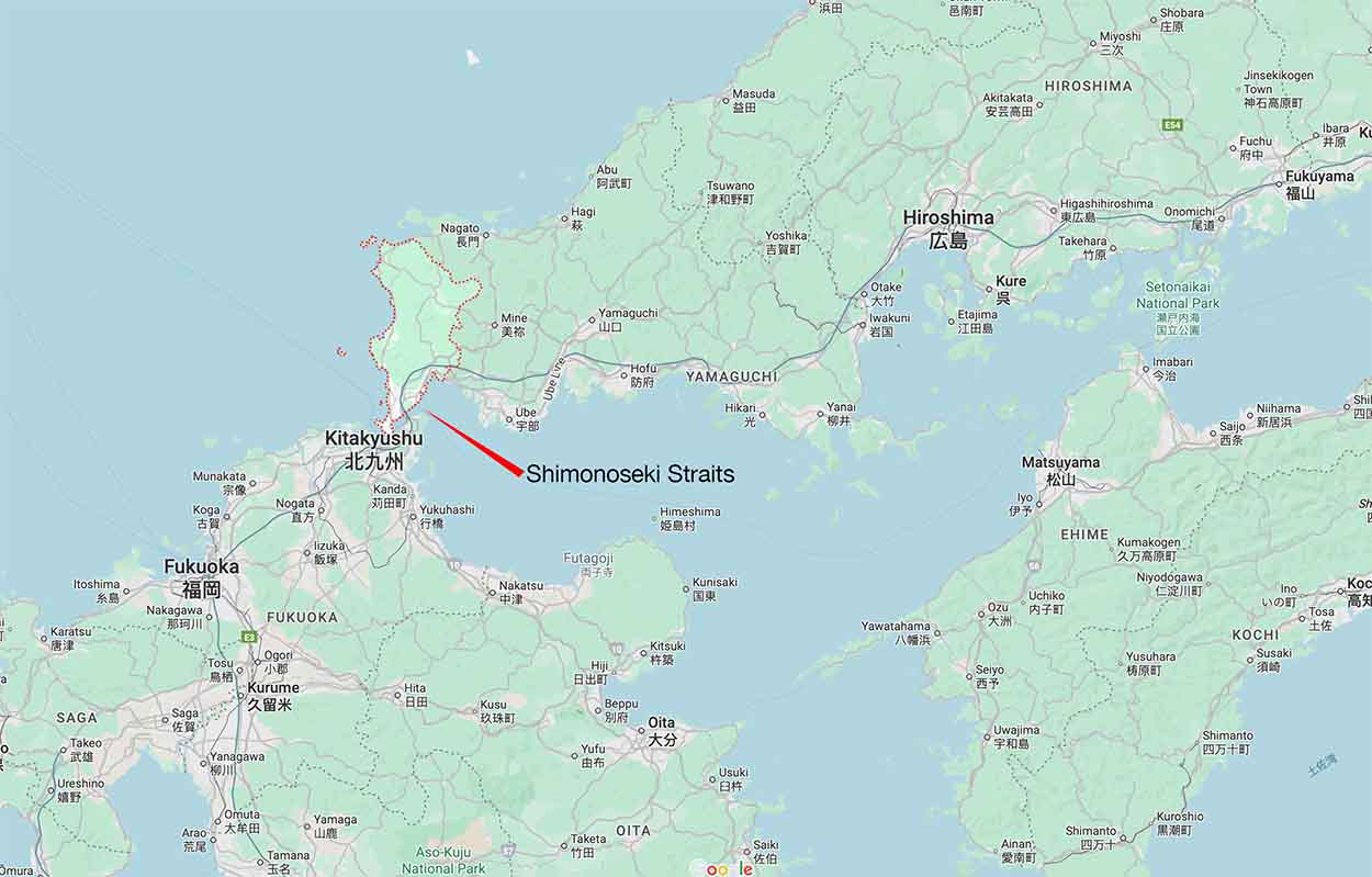 map indicating the Shimonoseki Straits that lie between the islands of Honshu and Kyushu and which are an obvious pinch point, being only 650 metres wide at their narrowest point