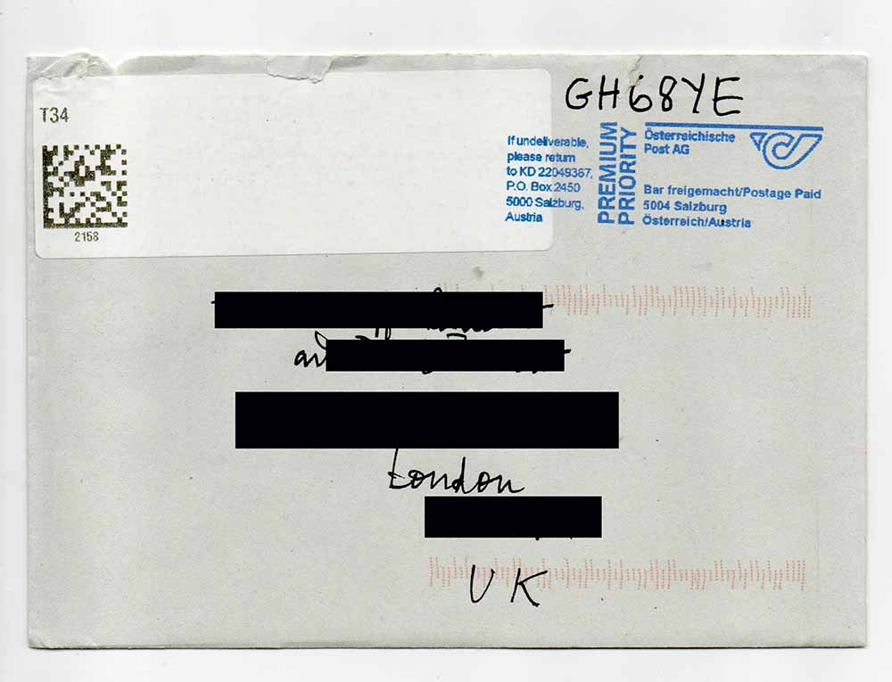 letter sent from Copenhagen to an address in London, using the code (rather than a stamp) obtained from the Dao.as online service.